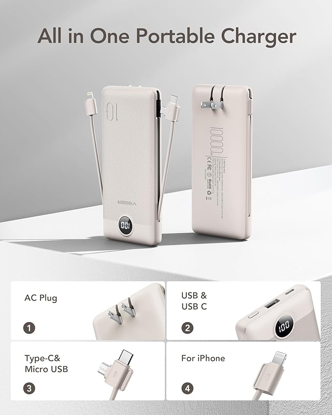 VEGER Portable Charger with Built-in AC Plug and Cables, All in One 10000mAh Ultra Slim Power Bank Emergency Fast Charging for Travel Battery Pack Compatible with iPhone, Samsung, Android, Coffee