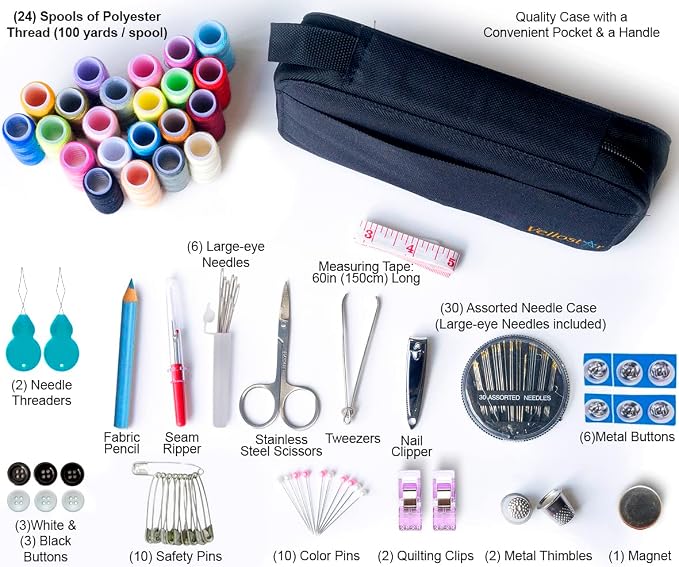 VelloStar Sewing Kit for Adults – Easy to Use Needle and Thread Kit, 24 Color Threads, 30 Needles, Scissors, Mini Travel Sewing Set for Emergency Repairs