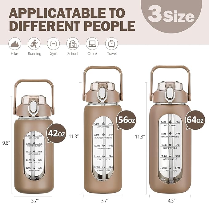 56oz Glass Water Bottles with Straw, Motivational Glass Bottle with Silicone Sleeve and Time Marker, Leakproof Large Glass Water Jug for Gym Home Office,Amber