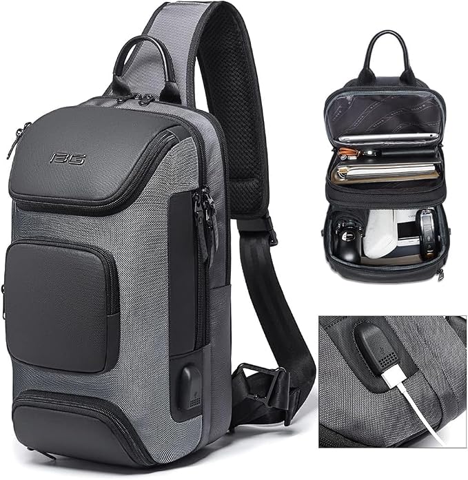 BANGE USB Charging Sling Bag, Waterproof Crossbody Backpack, Portable Shoulder Bag Daypack for Men Women Travel Hiking Work