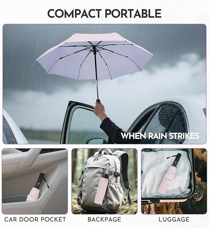 Windproof Travel Umbrella for Rain - 43" Compact Folding Umbrella, Reinforced Strong Frame, Lightweight Portable Parasol with UPF 100+ UV Sun Protection, Cruise Ship Essentials