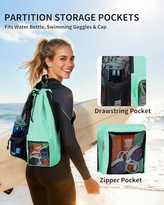 WANDF Swim Bag Mesh Drawstring Backpack with Wet Pocket for Swimming, Gym, and Workout Gear