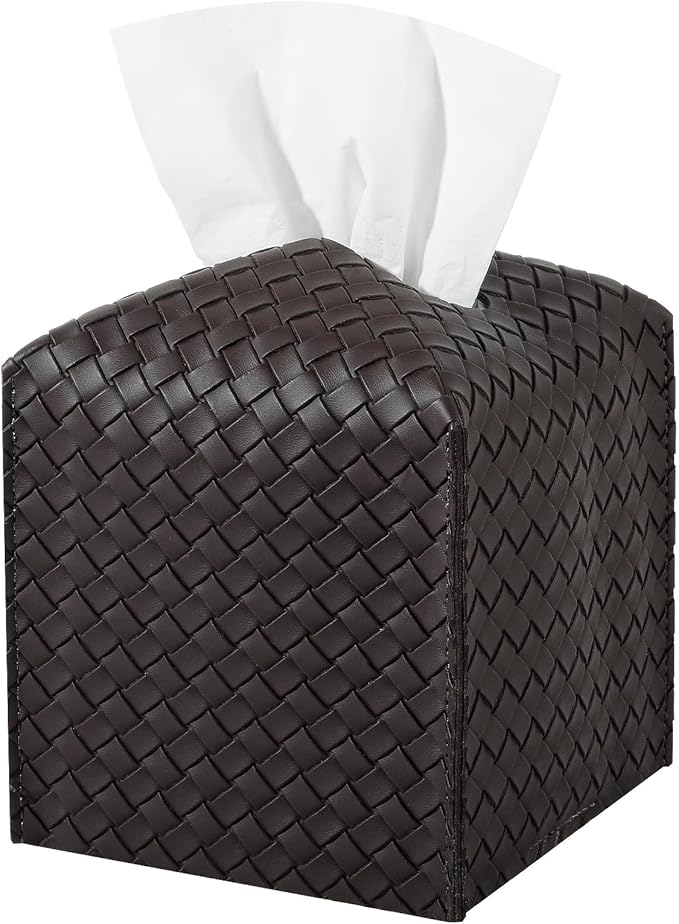 Tissue Box Cover PU Leather Tissue Holder Square Facial Tissue Case Facial Paper Organizer Dispenser for Bathroom, Vanity Countertop, Car, Chocolate Brown