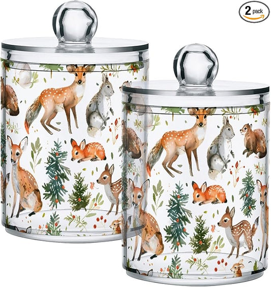 2 Pack Qtip Holder Organizer Dispenser Woodland Animals Trees Bathroom Storage Canister Cotton Ball Holder Container for Cotton Pads/Swabs/Floss