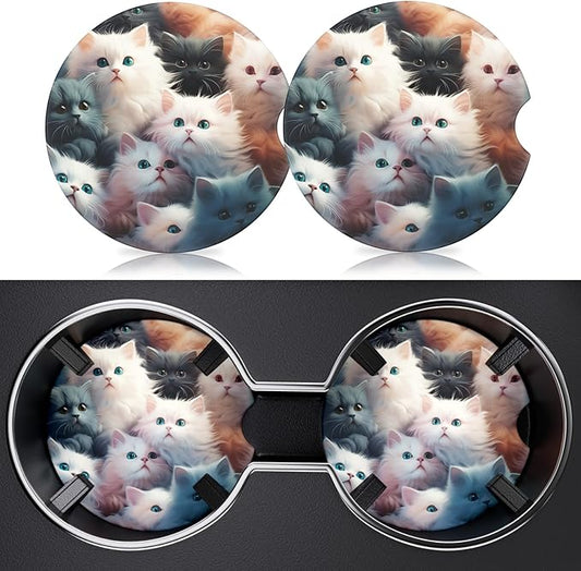 2 Pack Car Cup Holder Coasters, 2.63 inch Anti Slip Insert Absorbent Ceramic Coasters with Cork Base and Finger Notch, Cute Car Accessories Interior for Women