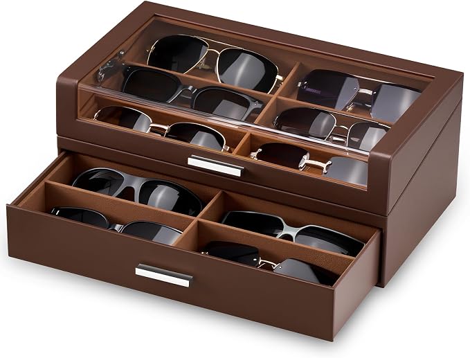 ProCase 12 Slots Sunglasses Box Organizer with L-Shaped Clear Lid, Multiple Pairs Glasses Display Holder Eyewear Eyeglass Eye Glass Storage with Drawer for Men -Espresso