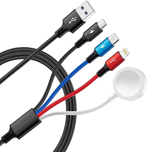 4 in 1 Multi Charging Cable for Apple Watch Charger/iPhone 17 Charger/Lightning/Micro,USB C Charging Cable Cord,Vacation Camping Essentials,Portable Designed for iWatch & iPhone Series,Galaxy-4Ft