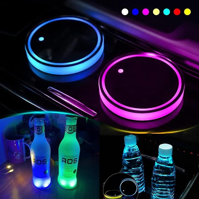 2PCS LED Car Cup Holder Lights, Light up Car Coasters for Cup Holders 7 Color-Changing Light Up Cup Holder Insert Coasters, Waterproof Car Accessories for Teens, Car Gifts for Men & Women