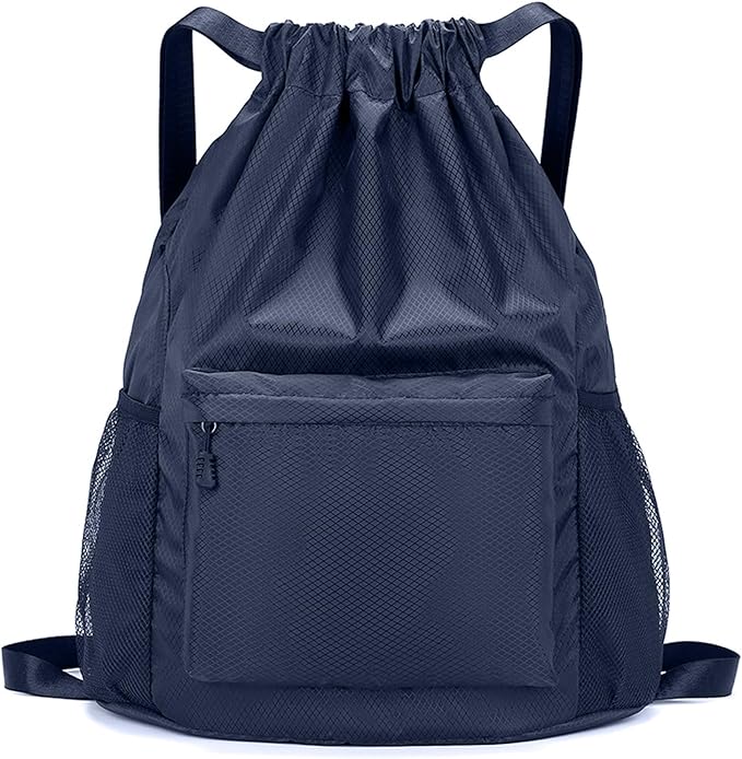 Tygelluis Drawstring Backpack, Waterproof Gym Bag with Water Bottle Pocket for Women Men, Pull String Sport Bag for Swim, Soccer and Basketball,Navy