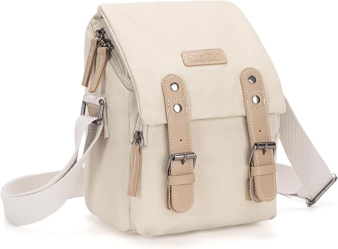 Cwatcun Camera Sling Bag for Women， Small Crossbody Bag Canvas Purse Compatible for Canon, Nikon, Sony Mirrorless Cameras & Lenses Cute Retro Beige