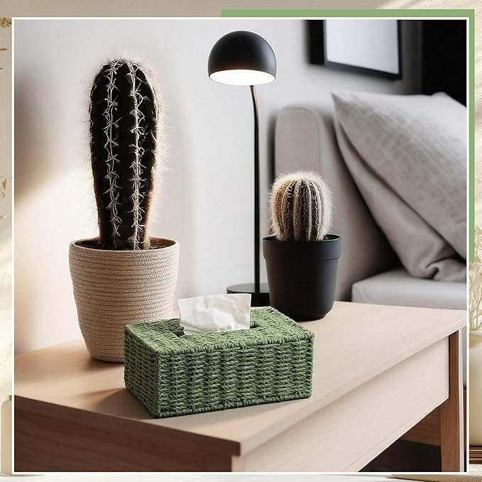 Sage Green Tissue Box Cover Rectangle Natural Paper Rope Hand Woven Tissue Box Holder for Bathroom Living Room Bedroom Kitchen Table Desk Office Farmhouse Home Decor