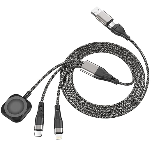 Portable Multi Fast Charging Cable for Apple Watch Charger/iPhone Charger,Travel Essential 3 in 2 USB A/Type C/Lightning USB C Cord Compatible with iWatch Ultra/SE/11-1/iPhone 17-11/4FT