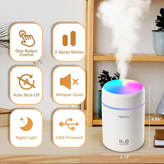 Portable Mini Humidifier, 300ml Small Cool Mist Humidifier, USB Personal Desktop Humidifiers for Bedroom Car Office Home, Auto Shut-Off, 2 Mist Modes, Super Quiet, White