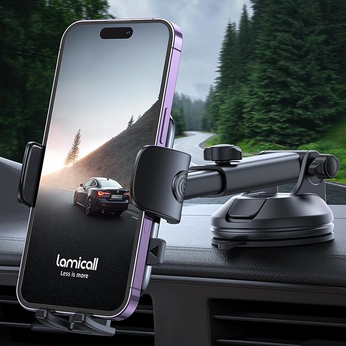 Lamicall Car Phone Holder - [Strongest Military-Grade Suction Cup] 360° Rotation Phone Holders for Your Car Quick Release Adjustable Phone Mount for Car Dashboard for iPhone 17 16 Pro Max Dark Grey