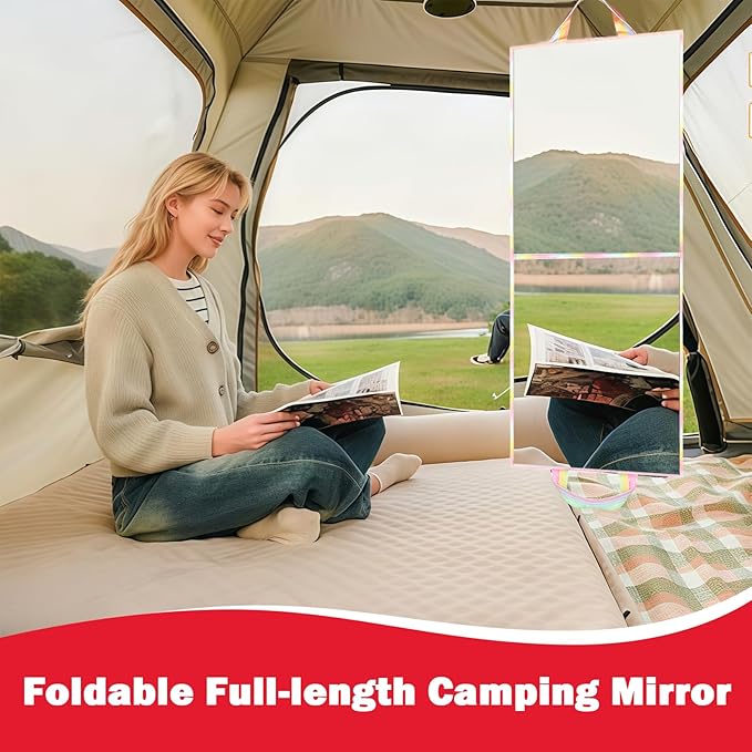 Foldable Full Length Mirror, 2 in 1 Hangable & Tabletop Acrylic Mirror, Portable Travel Mirror with Handle for Dance Bedroom Wardrobe Stage Makeup Checks Camping Outdoor Use (32.2" x 12.5", Bi-Fold)