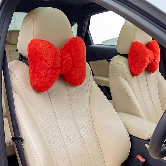 Macarrie 2 Pcs Car Neck Pillow Velvet Bow Headrest Pillow Soft Comfortable Seat Neck Support Cute Bow Car Accessories for Driving Travel Driver Chair Girl Style Interior Decor(Solid,Red)