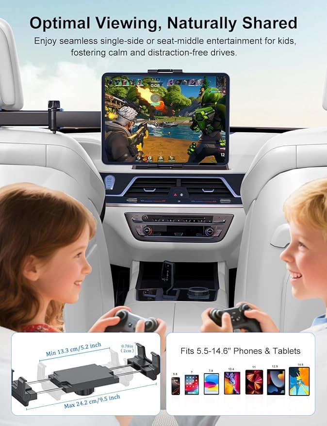 PLDHPRO Tablet Holder for Car Headrest Mount iPad Backseat Foldable Back Seat Stand Compatible 5.5-14.6'' Phones Tablets, Road Travel Essentials for Kids Accessories