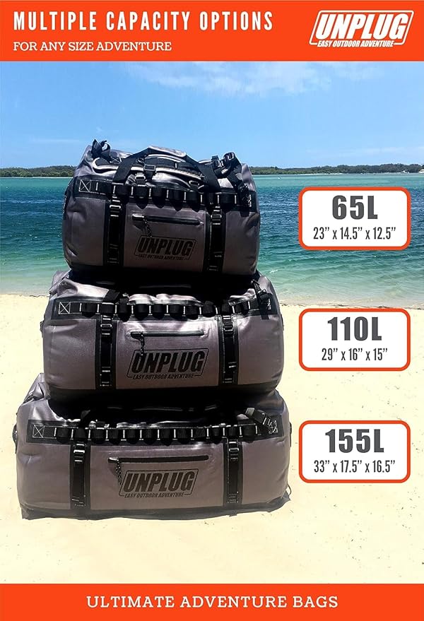 UNPLUG Ultimate Adventure | 1680D Heavy Duty Waterproof Bag | Large Travel Bag which can be Used for Camping, Motorcycling, Boating, or Hunting|65L Storm Grey