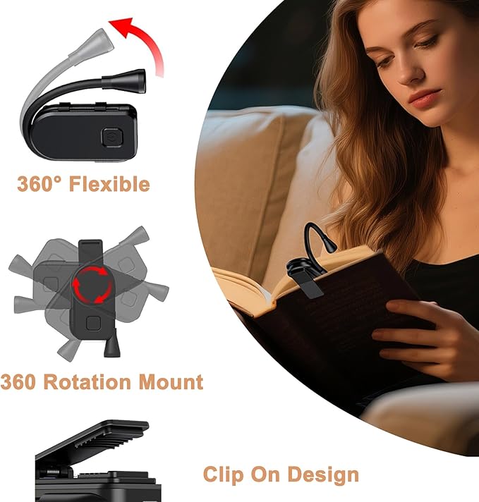 Minsk Portable Rechargeable Book Light, Clip On Reading Lamp with 360° Flexible Neck, Eye Caring 3 Color Dimming Light, Compact Lightweight Reading Light for Travel, Camping, Bed, Study