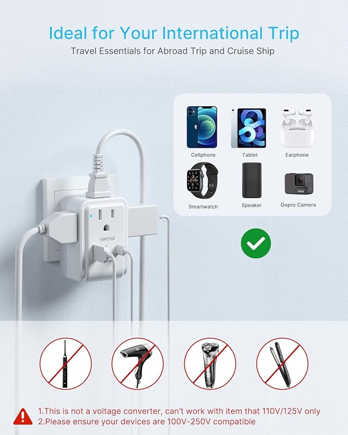 1 Pack Brazil Power Adapter, VINTAR Foldable US to Brazil Travel Adaptor with 4 American Outlets 3 USB Ports(2 USB C), 7 in 1 Type N Plug Adapter for USA to Brazilian Brazil