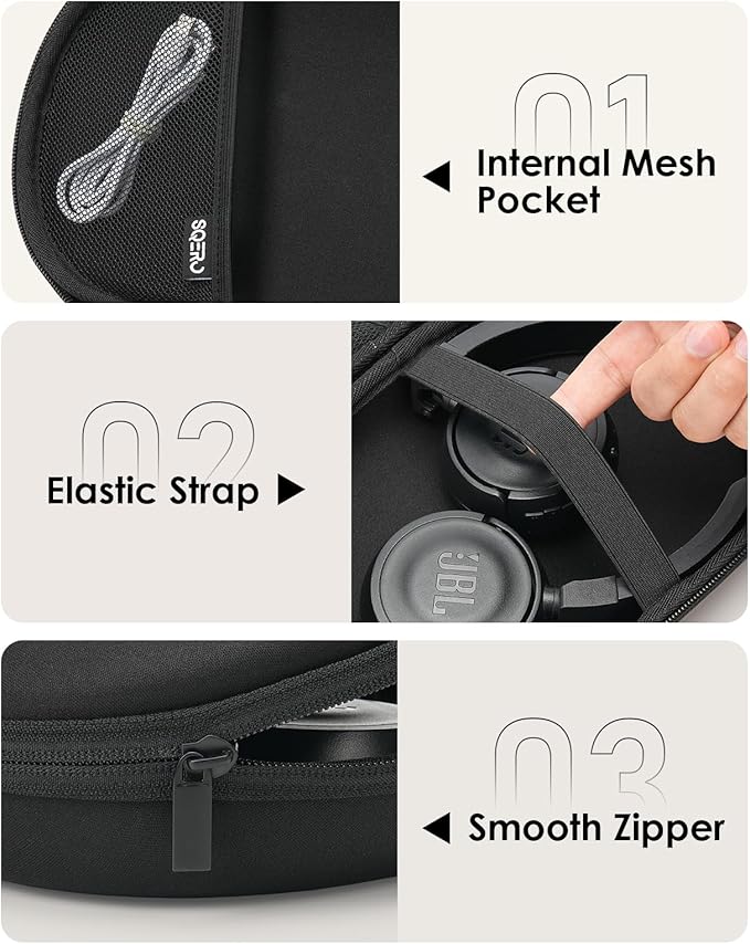 Headphone Case Hard Shell for JBL Tune 520BT/510BT/500BT/720BT/Bose/Soundcore Anker/BERIBES/KVIDIO/TOZO/JLab, Ultra-Slim Over-Ear Headset Universal Portable Travel Organizer Bag (Black)