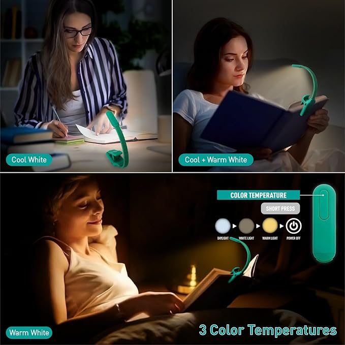 Rechargeable Book Reading Light at night in Bed, Eye Caring 9 LED with 9 Color Temperatures, Stepless Dimming Brightness, Clip on Book Light, Prefect Elegant White Gift for Book Lover.(green)