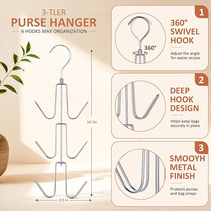 ZEDODIER Purse Organizer for Closet, Heavy-Duty Hanging Purse Hanger Closet Holds Up to 6 Purses, Metal Rotating Space Saving Bag Holder Handbag Storage Hook Backpack Rack, Silver