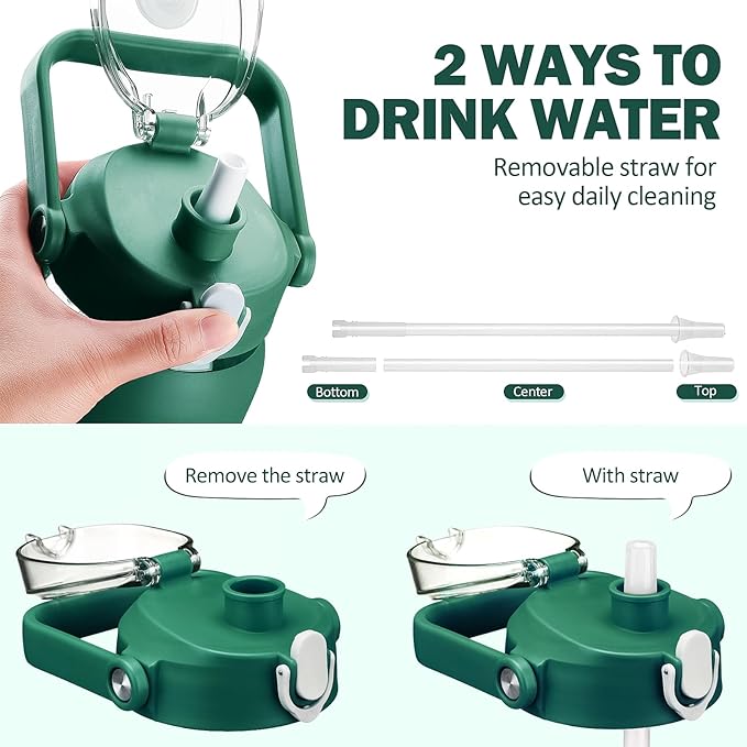 64oz Glass Water Bottles with Straw, Half Gallon Motivational Glass Bottle with Silicone Sleeve and Time Marker, 2L Leakproof Large Glass Water Jug for Gym Home Office, Ink Green