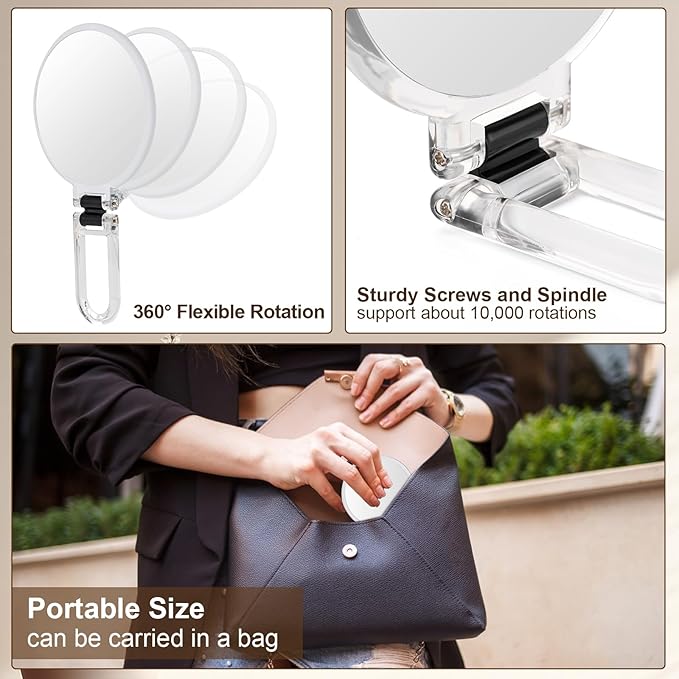 BOOMIBOO 1X/10X Magnifying Handheld Mirror Double Sided, Foldable Travel Makeup Mirror, Adjustable Rotation Pedestal Hand/Hanging/Desk Vanity Mirror-Clear