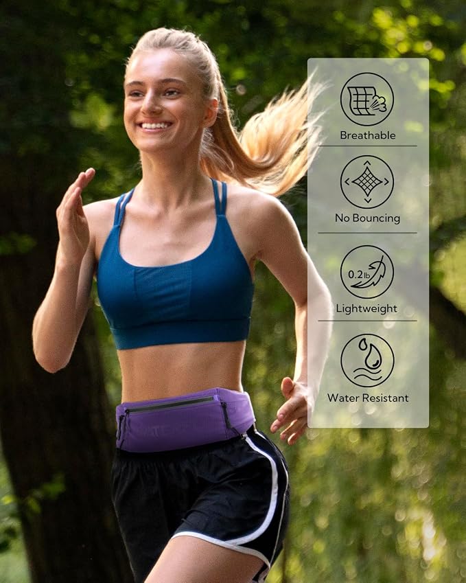 WATERFLY Running Belt Fanny Pack: Breathable 3 Pocket Waist Bag for Men Women Workout Exercise Fitness Phone Holder Fits All Phones - Runner Marathon Jogging Race Belt with Bib Clip Purple
