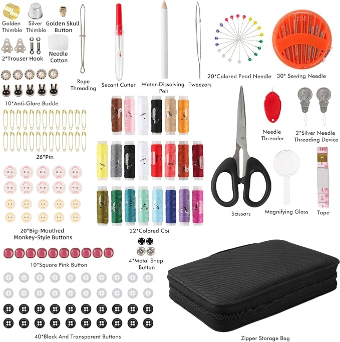 198pcs Sewing Kit for Adults Portable Travel Sewing Set,Dorm Room Essentials for Girls, Including Emergency Repair Tools Such as Needle and Thread, Scissors, Marker pens Needle and Thread kit (Black)