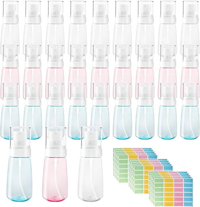 27 Pcs Travel Spray Bottle 60ml/2oz Leak Proof Fine Mist Spray Bottles Empty Mini Makeup Face Spray Bottle Clear Refillable Travel Containers for Perfume Cosmetic Essential Oil, 3 Color(360pcs Labels)
