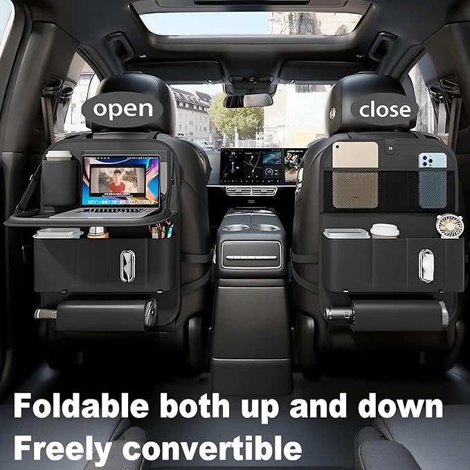 GMQ Backseat Car Organizer with Tray 1 Pack,Car Backseat Organizer with Foldable Table for Kids,Multifunctional Seat Back Organizer with Storage Pockets Car Storage Organizer (Black)