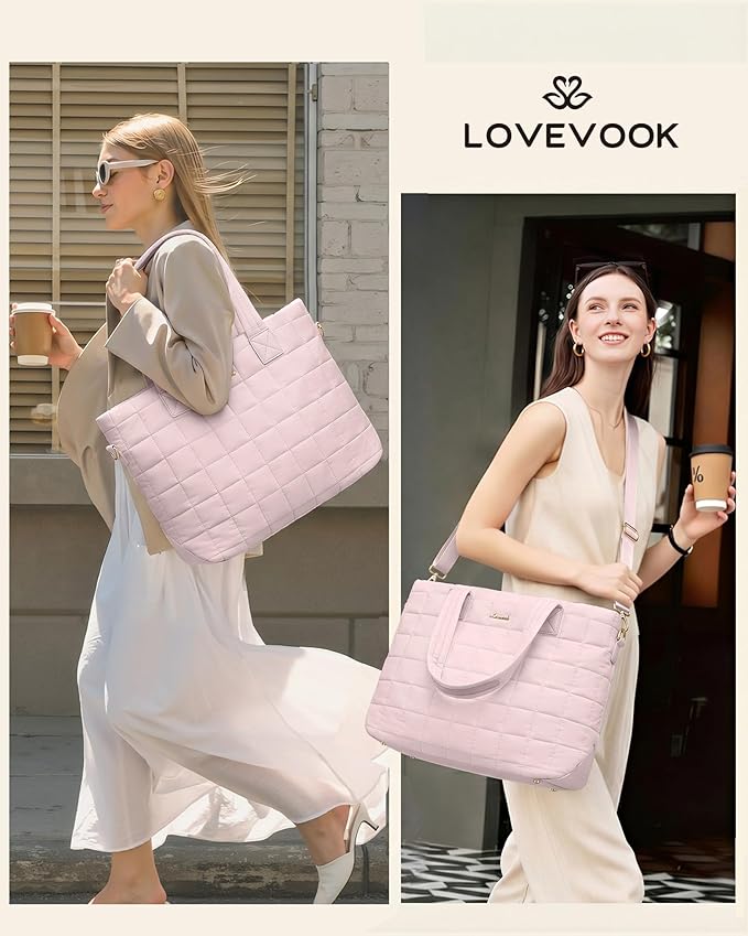 LOVEVOOK Laptop Tote Bag for Women, 15.6 Inch Large Puffer Work Computer Tote Bags for Teacher Nurse, Quilted Women's Purse Tote Shoulder Handbags with Zipper for Travel College Office Gym, Pink