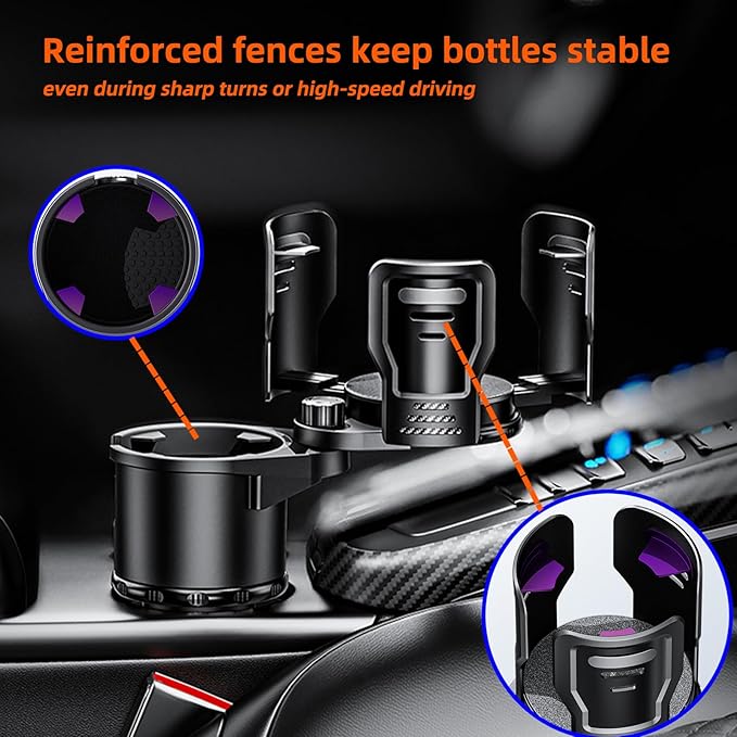 2-in-1 Adjustable Car Cup Holder Expander & Organizer – Dual Automotive Drink Holder for Bottles, Snacks, Phones – Fits Most Vehicles (3.0"-5.9" Diameter, 20 oz Capacity, Non-Slip Base) Black