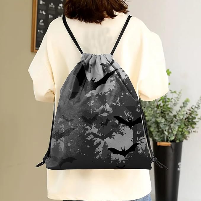 Drawstring Backpack Draw String Sports Bags for Gym Travel Beach Waterproof Cute Sackpack Men Women (13"×17")-Black Bat