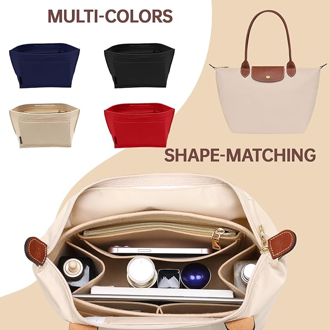 OPPOSHE Purse Organizer Insert for Longchamp Le Pliage, Premium Felt Long Champ Bag Handbag Women, Tote Organizer Insert with 9 Compartments (Large, Red)