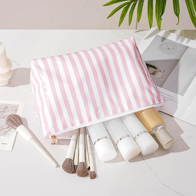 Large PVC Waterproof Striped Makeup Bag,Clear Coated Cosmetic Bags,Easy to Clean,Travel Organizer Zipper Pouch Beach Vacation Essentials for Women Girls(04Pink Stripe)