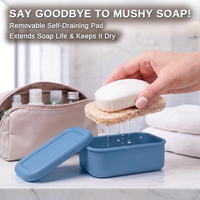 HighHerz Leak Proof Silicone Travel Soap Case with Draining Tray - Bar Soap Holder for Travel, Gym & Camping - Mess-Free Portable Soap Container for Carry-on Bags (Dark Blue)