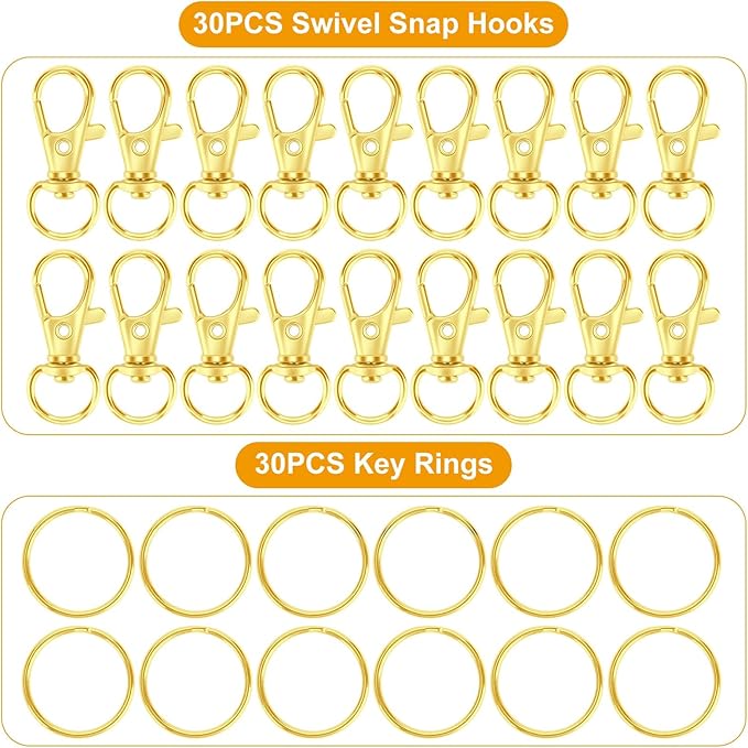 60PCS Keychain Making Kit, Including 30PCS Keychains Clips Hooks and 30PCS Key Chain Rings, Lobster Claw Clasps with Keychains Rings Accessories for Crafts, Gold