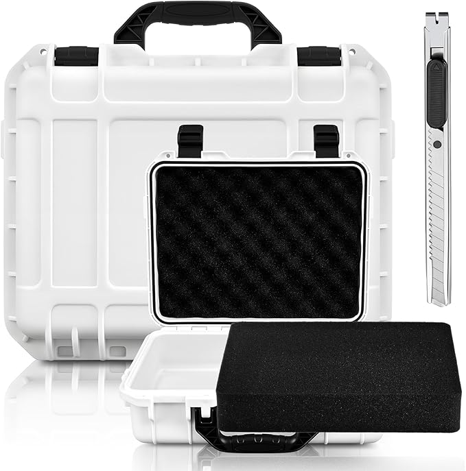 Relaxweex 1 Pcs Waterproof Hard Case with DIY Customizable Foam Insert Portable Protective Case with Knife for Camera Drones Equipments Tools Test Instruments(White,8.5 x 6.5 x 3.7 Inch)