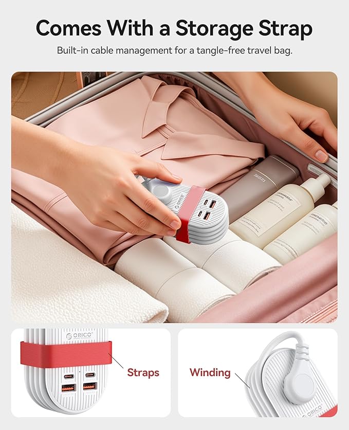 ORICO 22.5W Travel Power Strip, 7 in 1 Charging Station with 3AC, 2 USB-A, 2 USB-C, 4ft Extension Cord, Flat Plug Fashion Essential for Cruise Ship/Travel/Home/Office/Dorm - TK22