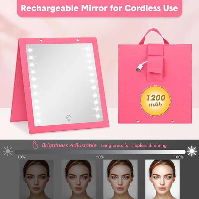 Fabuday Lighted Hanging Mirror for Dance Backstage - Rechargeable Folding LED Full Length Mirror with Lights for Dancers, Portable Foldable Travel Body Mirrors, Brightness Adjustable, Berry