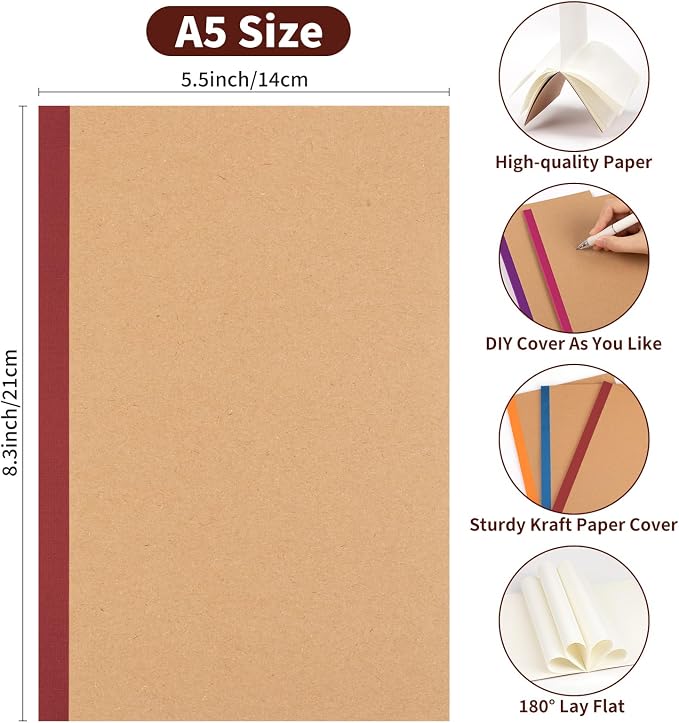 ALKALO 30 Pack Blank Notebook Journals Bulk, A5 Unlined Paper Composition Notebook, 8.3”x 5.5”, Kraft Cover with Vintage Spines, 15 Colors 60 Pages for School Office Travel(Vintage-Blank-30 pack)