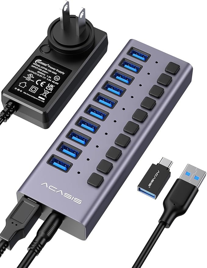 Powered USB 3.2 Hub, ACASIS 10 Ports USB 3.2 Hub with 10Gbps Data Speed, Aluminum Housing, USB Hub Powered with 48W Power Adapter, USB Hub for PC/Laptop, Computer, Flash Drive, Printer, Camera
