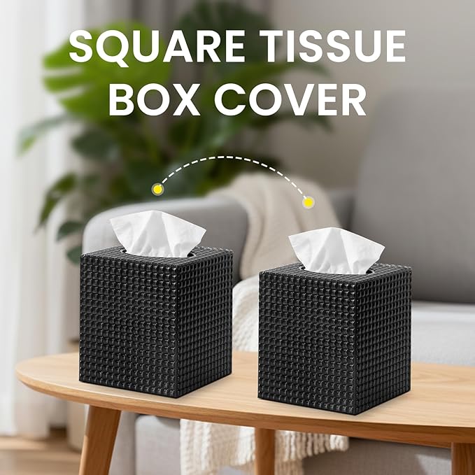 2 Pack Tissue Box Cover, Square Facial Acrylic Tissue Holder, Modern Decorative Facial Tissue Box Vessel Cube Paper Napkin Organizer Dispenser for Bathroom Countertop, Vanity Desk, Black