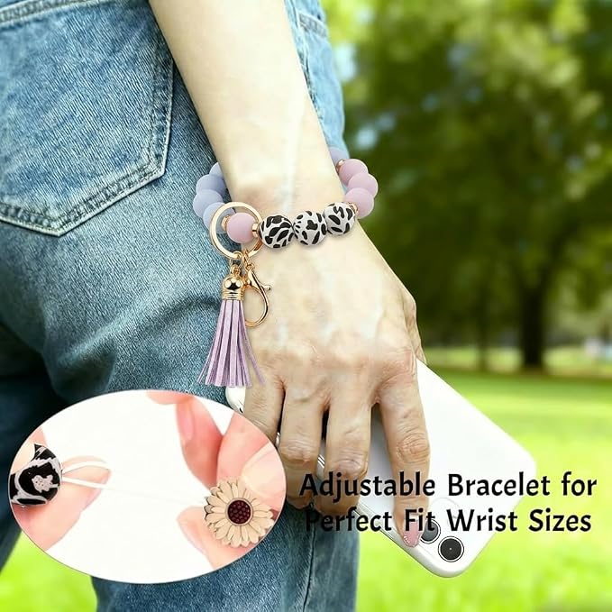 2PCS Bracelet Key Ring Set, Cute Car Key chain Wristlet, Silicone Beaded Bangle keyChains for Women Girls
