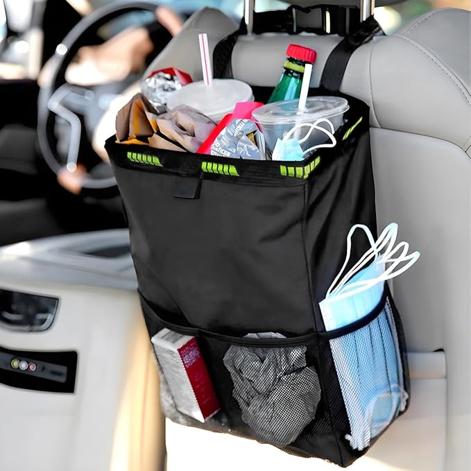 Car Trash Bag, Leak-Proof Large Capacity 3.4 Gallons Hanging Vehicle Trash Bin with Storage Pocket, Multipurpose Portable Auto Garbage Bag for Travel, Universal Fit (Pink)