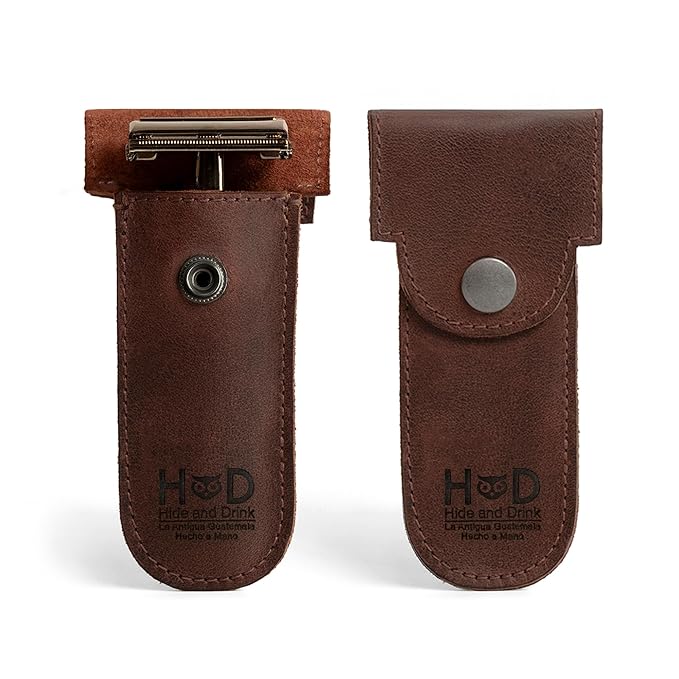Hide & Drink, Double Edge Protector Case, Barber Razor Sheath, Safety Cover, Travel and Commuter Essentials, Portable Carry Bag, Vintage, Full Grain Leather, Handmade, Bourbon Brown