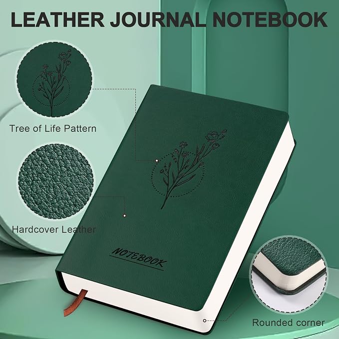 Fetinar Aesthetic Lined Journal Notebook for Women,300 Pages Softcover Leather Lined Journal Notebook,300 Pages Daily Journal, College Ruled Notebook for Work School, Note Taking 5.75''X8.38'' Green